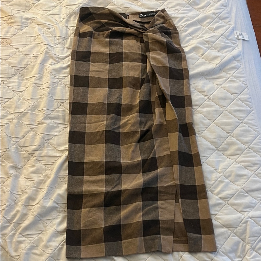 Zara Women's Checkered Pencil Skirt - Brown and Black